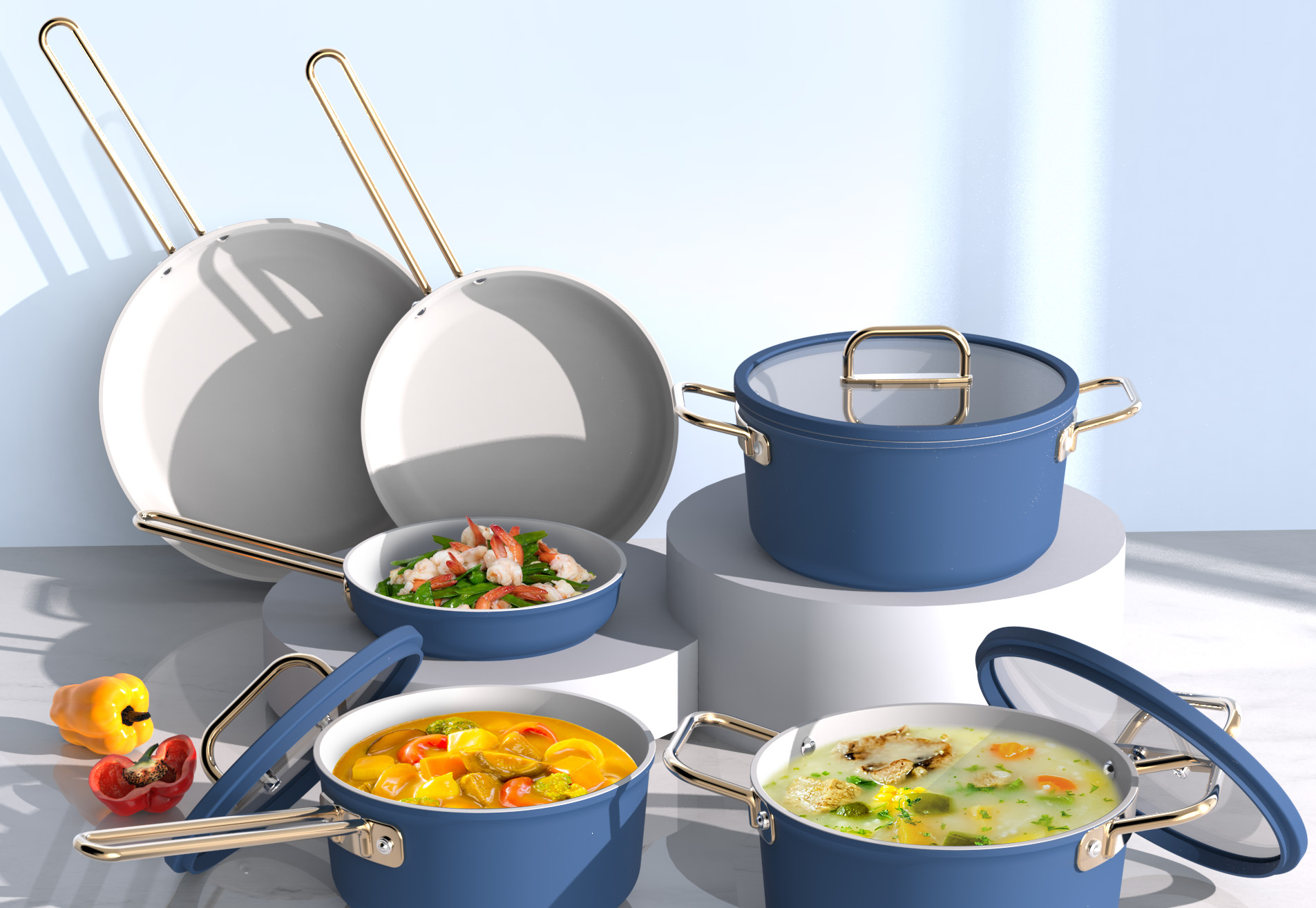 New series of die-casting aluminum sets. Modern blue, loved by people. Steel wire handle, cool to touch and easy to lift. The pot does not have a ceramic coating inside, and the outer layer is made of high-temperature oil, which is heat-resistant. High magnetic electric bottom, fast heating. Choose this set, a great helper in the kitchen.